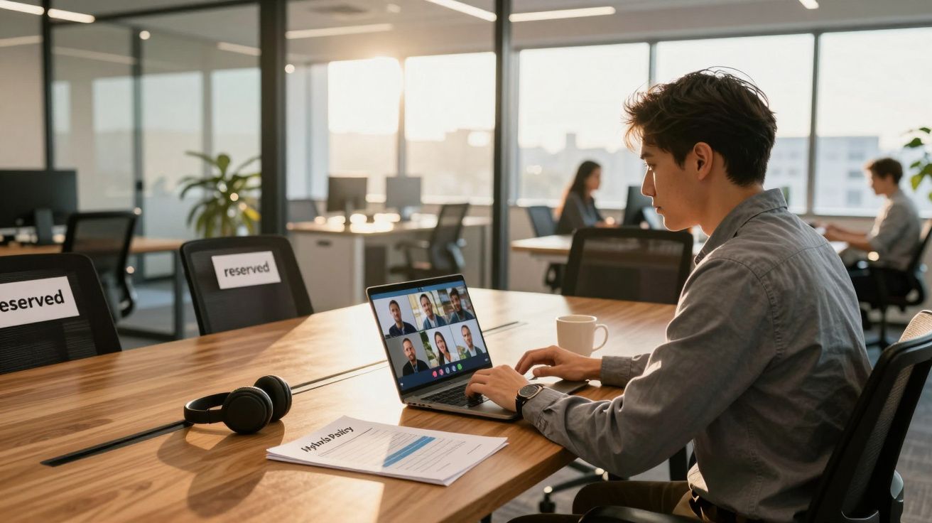 Homem jovem numa reunião virtual num escritório moderno com janelas amplas ao pôr do sol.
