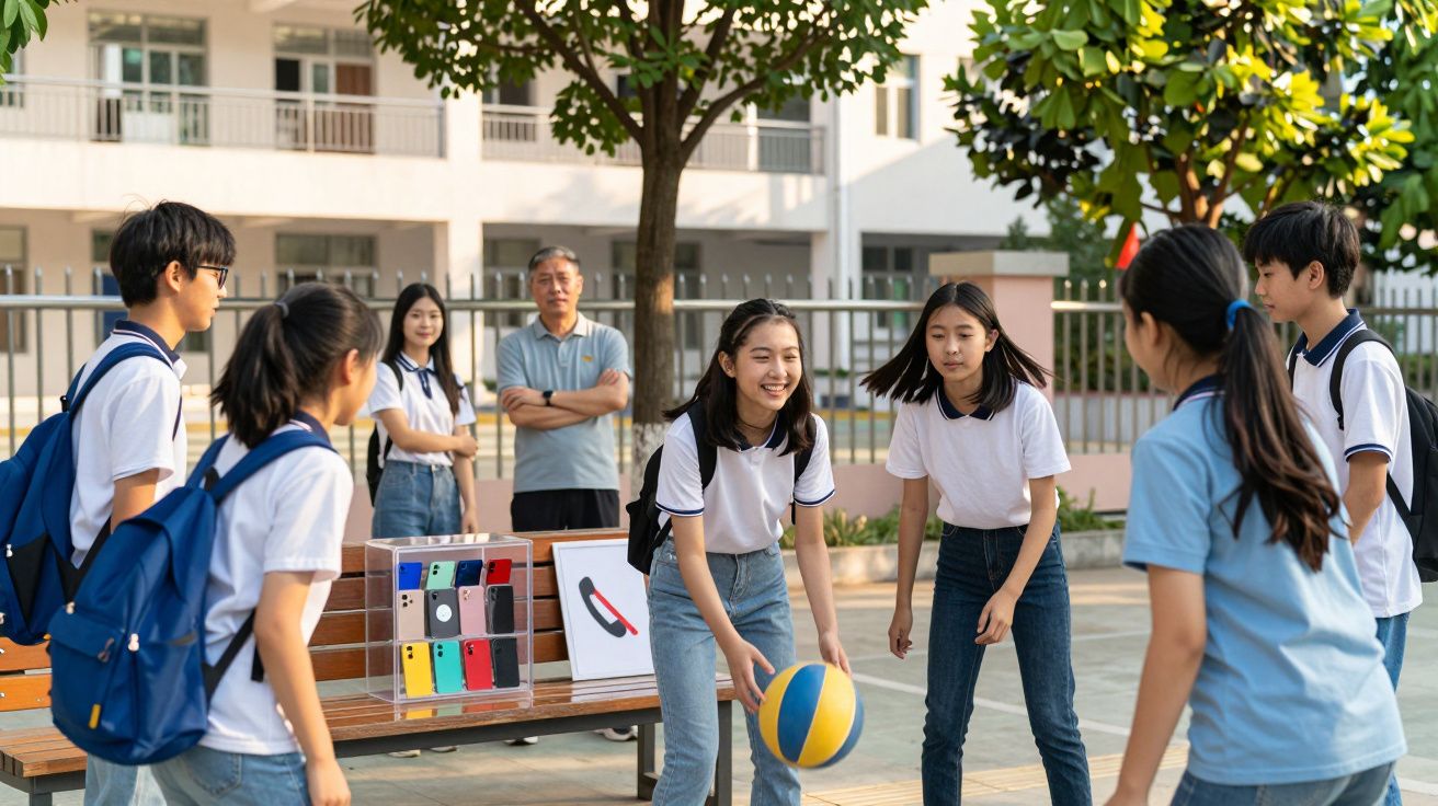Alunos a jogar basquetebol ao ar livre, com professores a observar ao fundo numa escola.