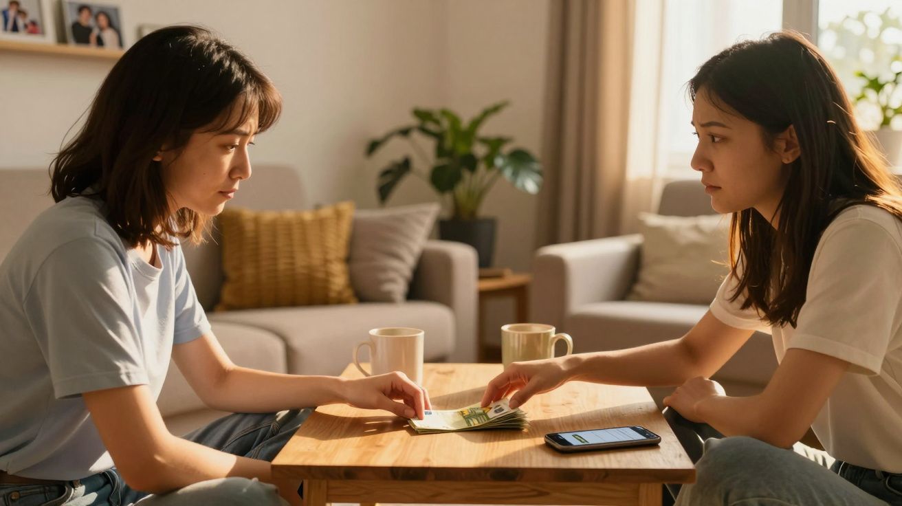 Duas mulheres sentadas à mesa, uma entrega dinheiro à outra num ambiente caseiro e luminoso.