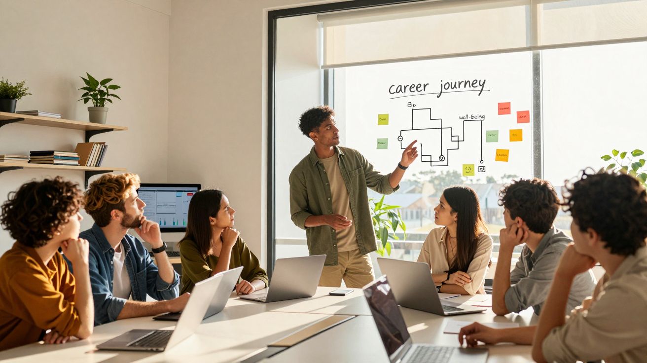 Equipa diversificada numa reunião de negócios com apresentação sobre plano de carreira numa sala iluminada.
