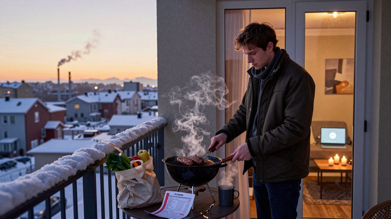 Homem a grelhar carne numa varanda com vista para cidade nevada ao entardecer.