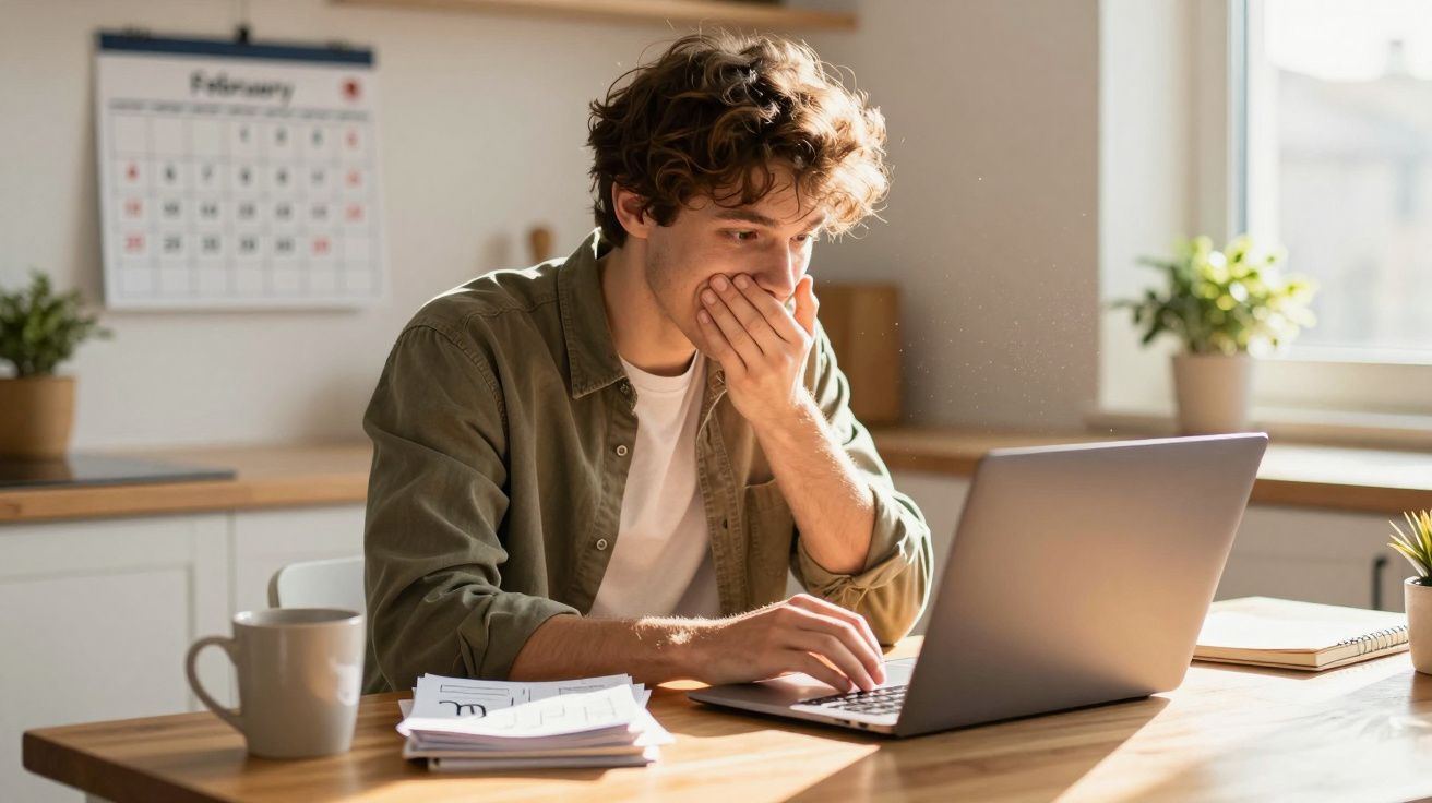 Jovem sentado numa mesa em casa, surpreso ao olhar para o ecrã do portátil com a mão na boca.