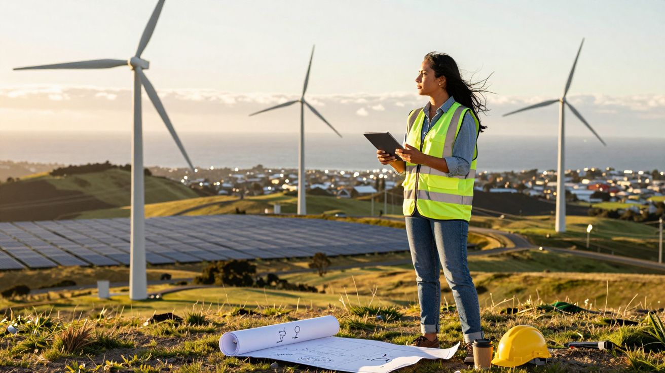 Mulher com colete refletor verifica turbinas eólicas e painéis solares com planta e capacete no campo ao pôr do sol.