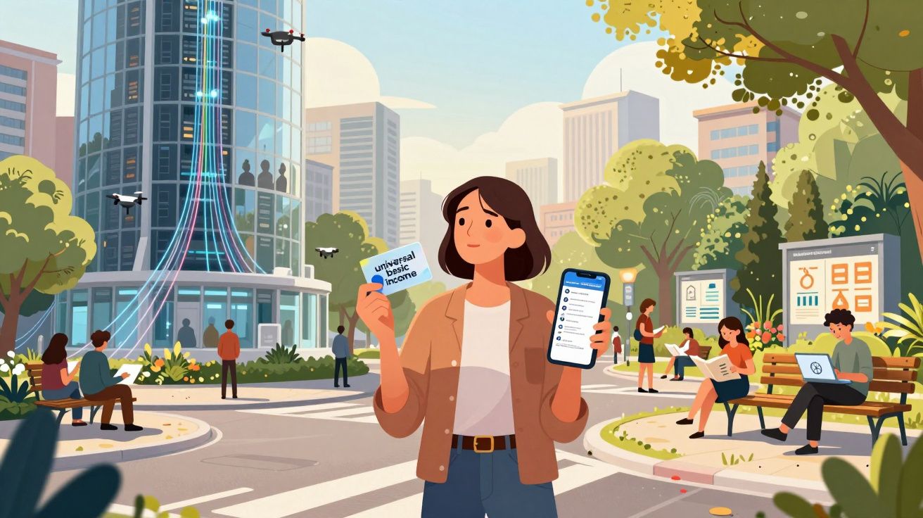 Mulher em parque urbano com drone, a mostrar cartão de rendimento básico universal e telemóvel com app.