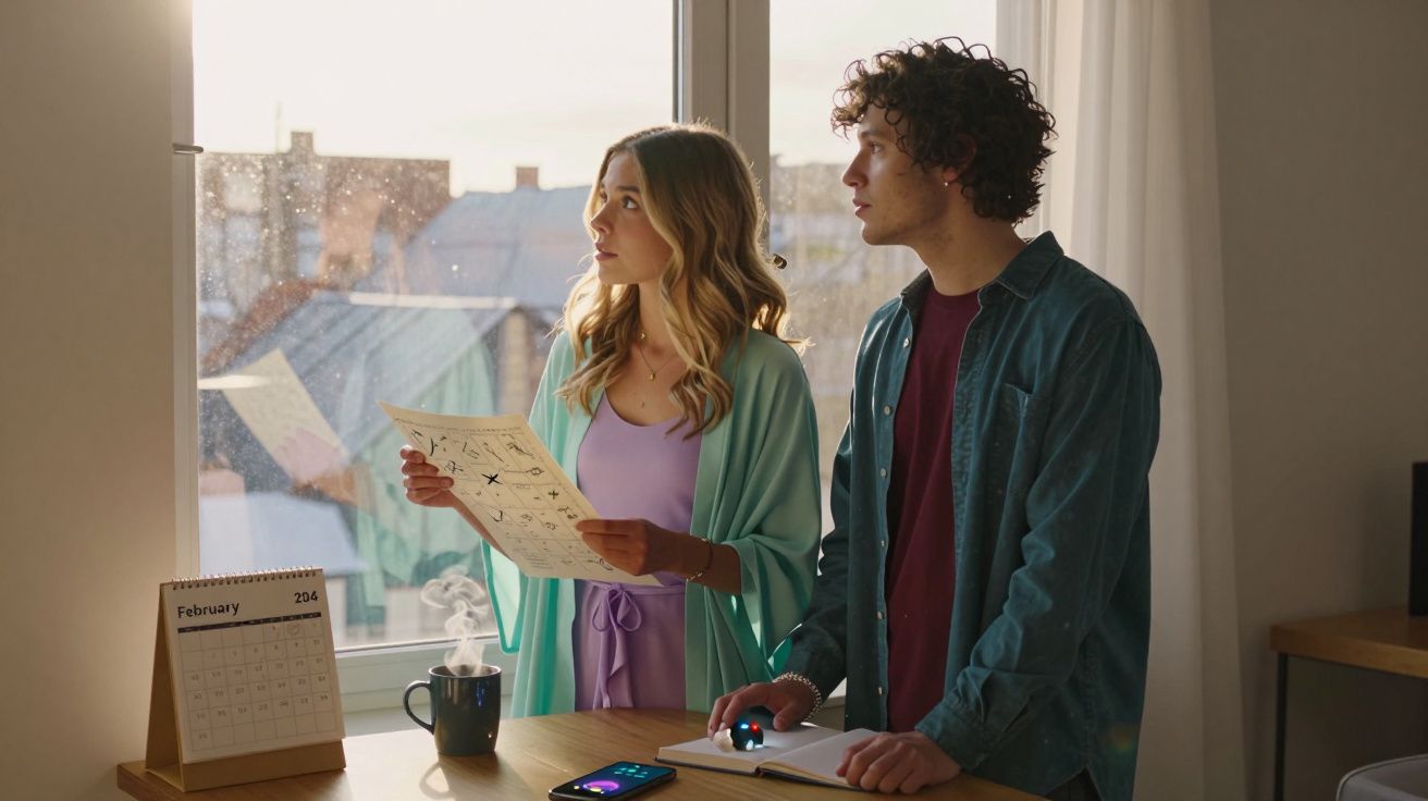 Jovem casal a observar pela janela enquanto planeia viagem, com calendário e mapas numa mesa iluminada pela luz natural.