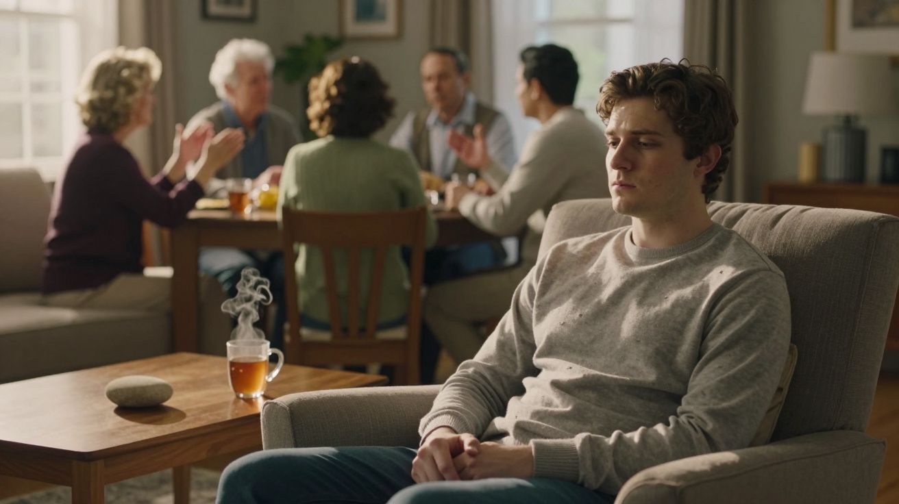 Jovem sentado longe de grupo de cinco pessoas sentadas à mesa numa sala bem iluminada.