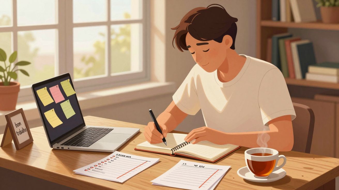 Jovem sentado a escrever num caderno, com laptop, papéis e chá numa mesa perto de janela iluminada.