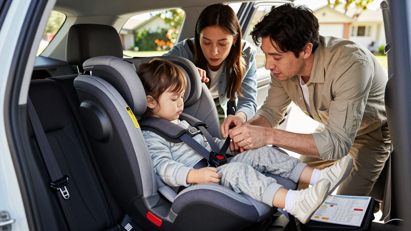 Pais a apertar o cinto de segurança de uma criança numa cadeira auto instalada no carro.