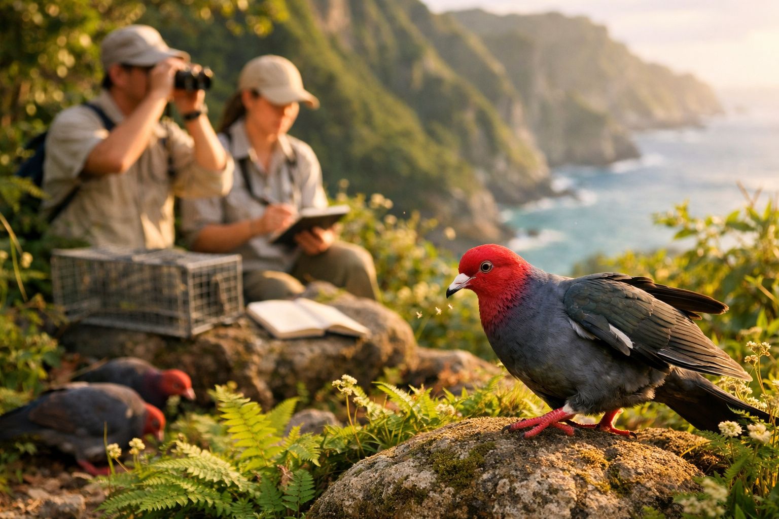Pomba-de-pescoço-vermelho em primeiro plano com dois observadores de aves e mar ao fundo.