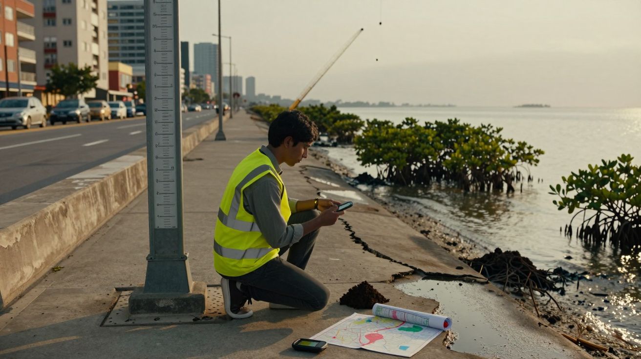 Homem com colete refletor verifica o nível da água junto ao cais com mapas e dispositivo móvel ao entardecer.