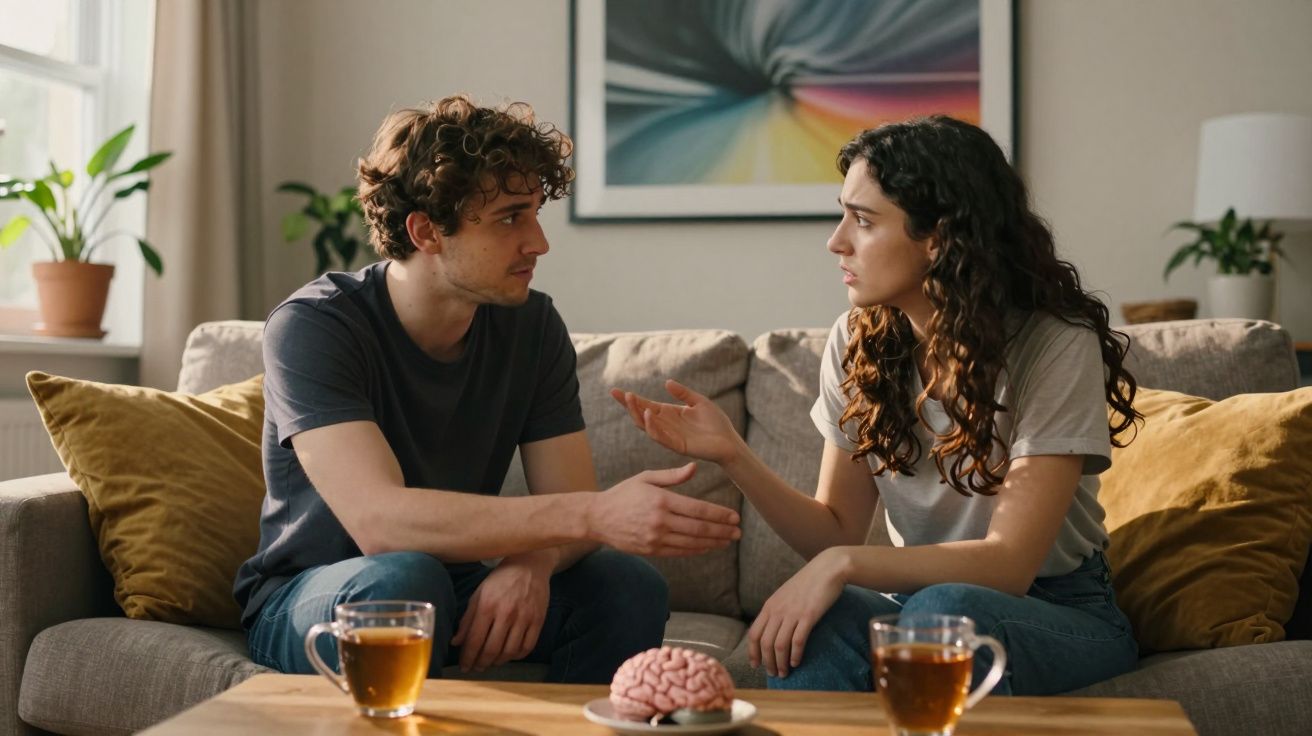 Casal sentado no sofá a conversar com expressão séria, chá na mesa e decoração acolhedora na sala.