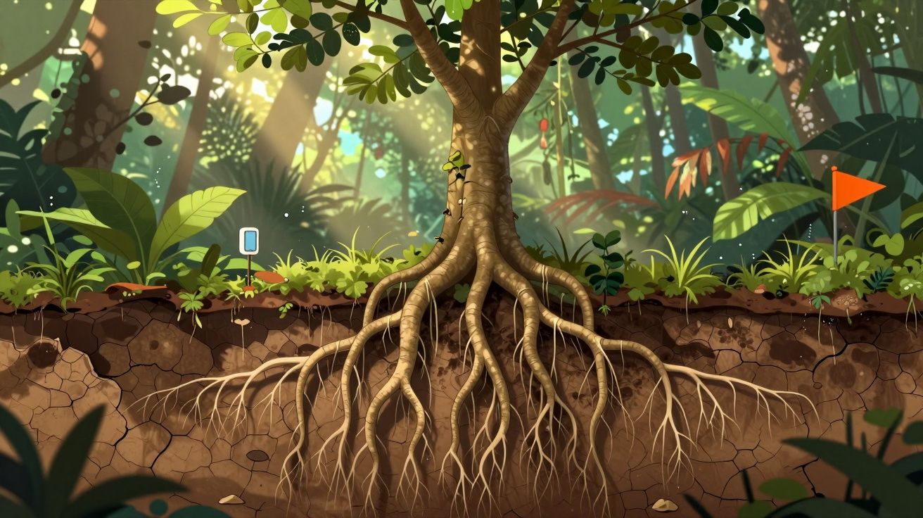 Ilustração de uma árvore com raízes visíveis no solo num ambiente florestal iluminado pelo sol.