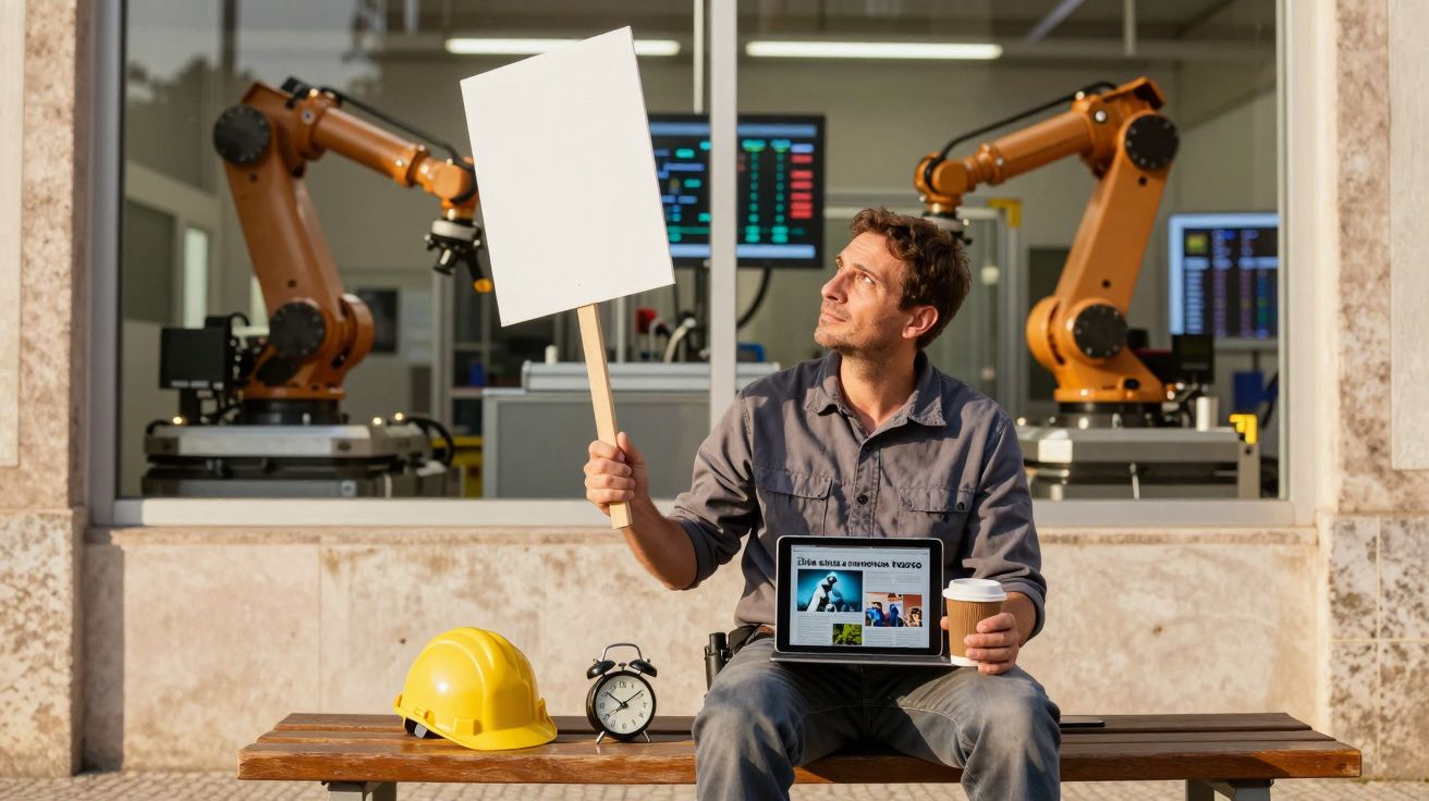Homem sentado num banco com tablet, placa em branco e robots industriais ao fundo.