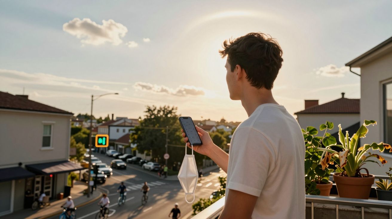 Jovem de t-shirt branca a olhar para o telemóvel numa varanda, com máscara na mão e sol ao fundo.