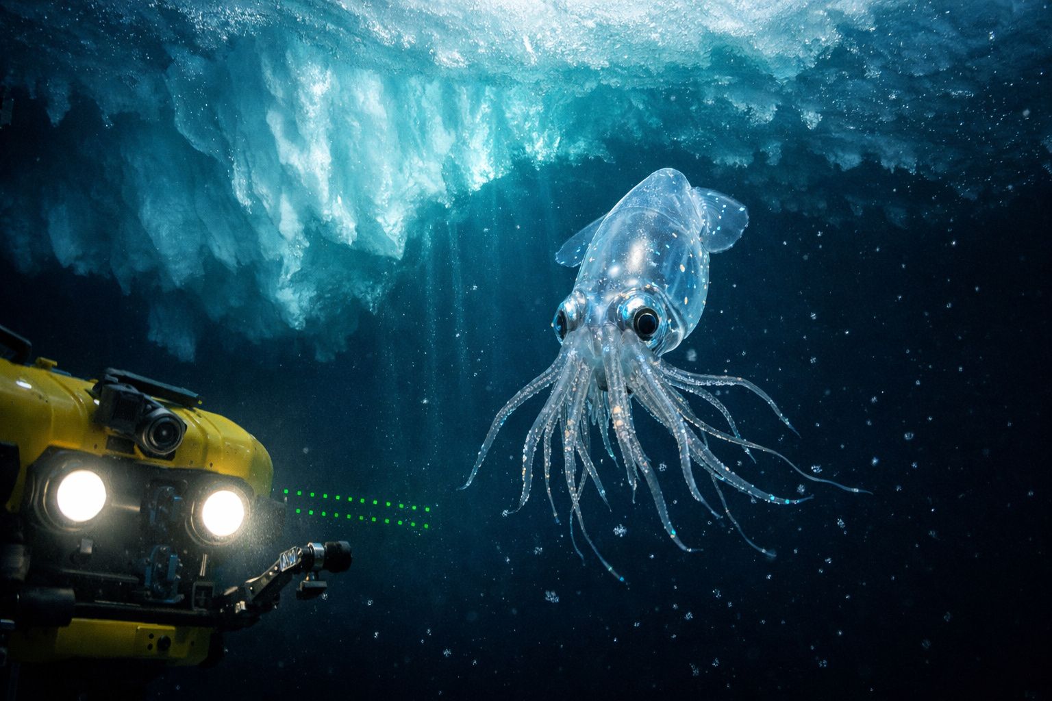 Submarino amarelo com luzes a iluminar um estranho e transparente polvo numa paisagem subaquática gelada.