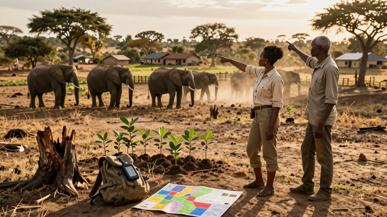 Dois especialistas apontam para elefantes numa reserva natural durante o pôr do sol com plantações e mapas no chão.