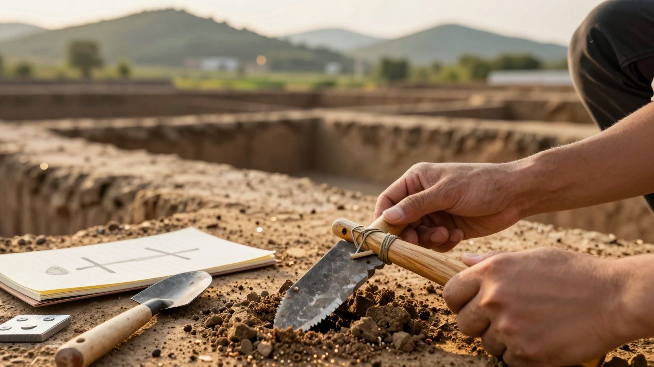 Mãos de arqueólogo a escavar terra com ferramenta em sítio arqueológico ao ar livre.