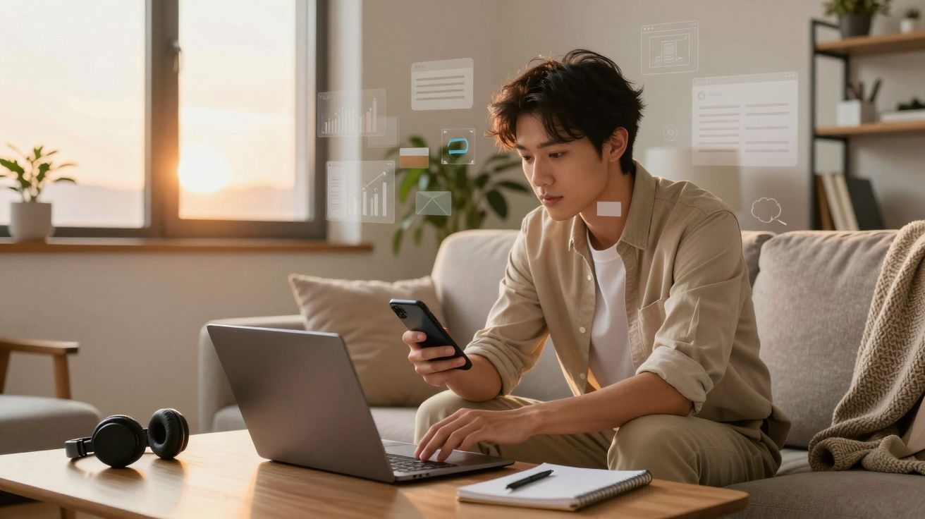 Homem sentado no sofá a usar laptop e telefone, com gráficos digitais visíveis no ar à sua frente.