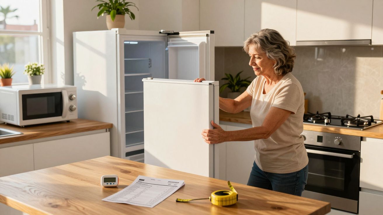 Mulher idosa a abrir frigorífico vazio numa cozinha moderna, com mesa de madeira à frente.