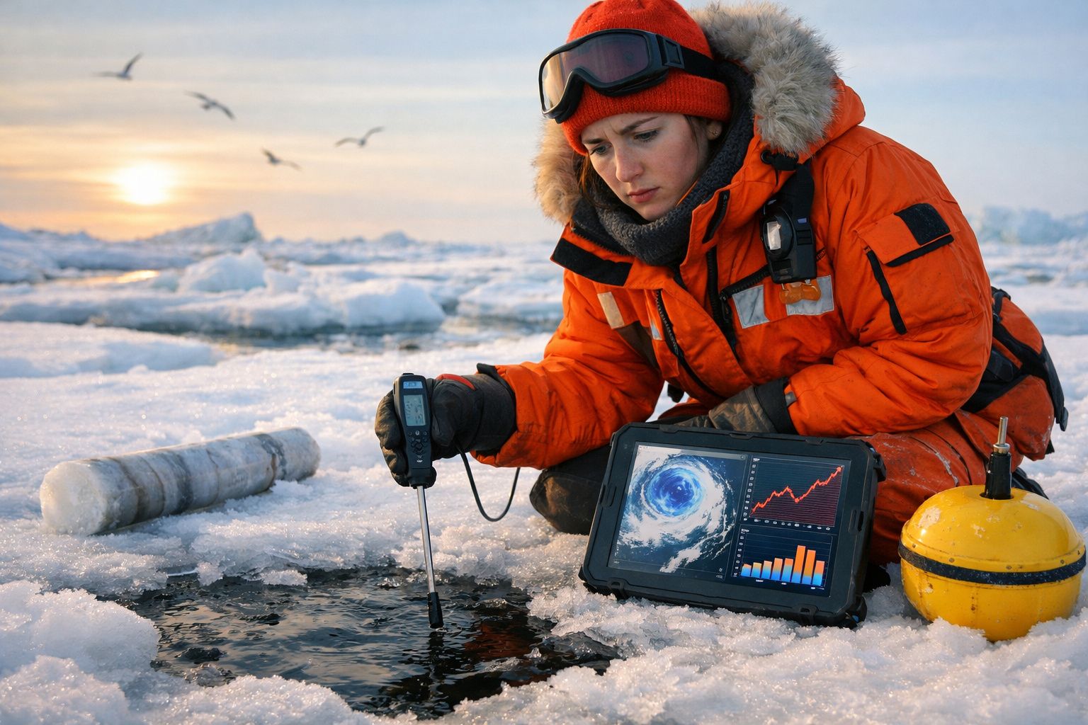 Investigadora com roupa de frio a medir água do mar num ambiente gelado com gelo e equipamento científico.