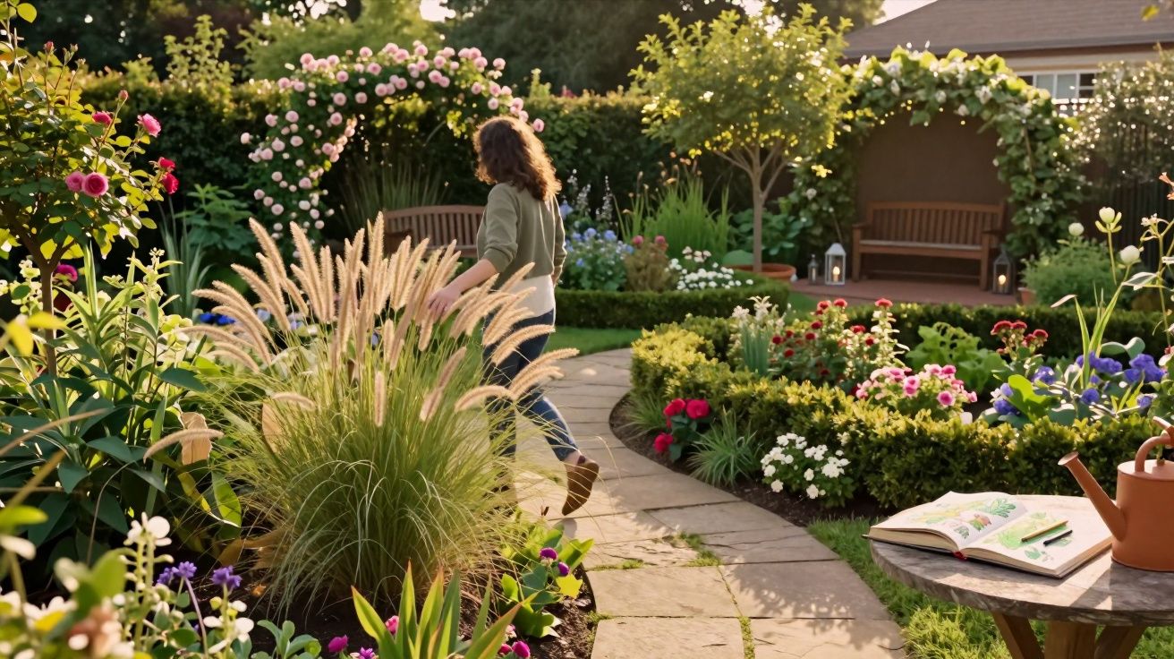 Mulher a caminhar num jardim florida com caminho de pedra e bancos de madeira ao entardecer.