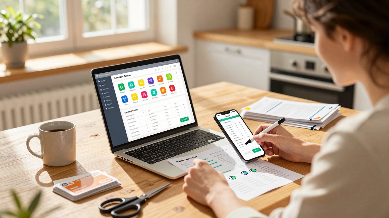 Pessoa a analisar dados em telemóvel e computador portátil numa mesa de madeira com caneca, tesoura e papéis.