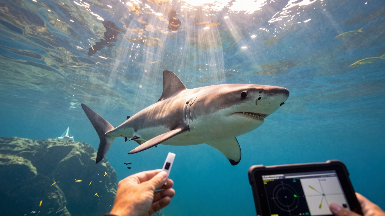 Tubarão a nadar em água clara com luz solar, enquanto pessoa segura dispositivo de monitorização marinha.