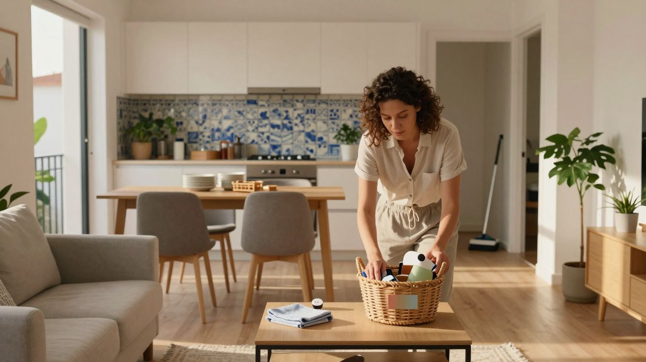 Mulher a organizar produtos de limpeza numa cesta na sala com decoração moderna e luz natural.