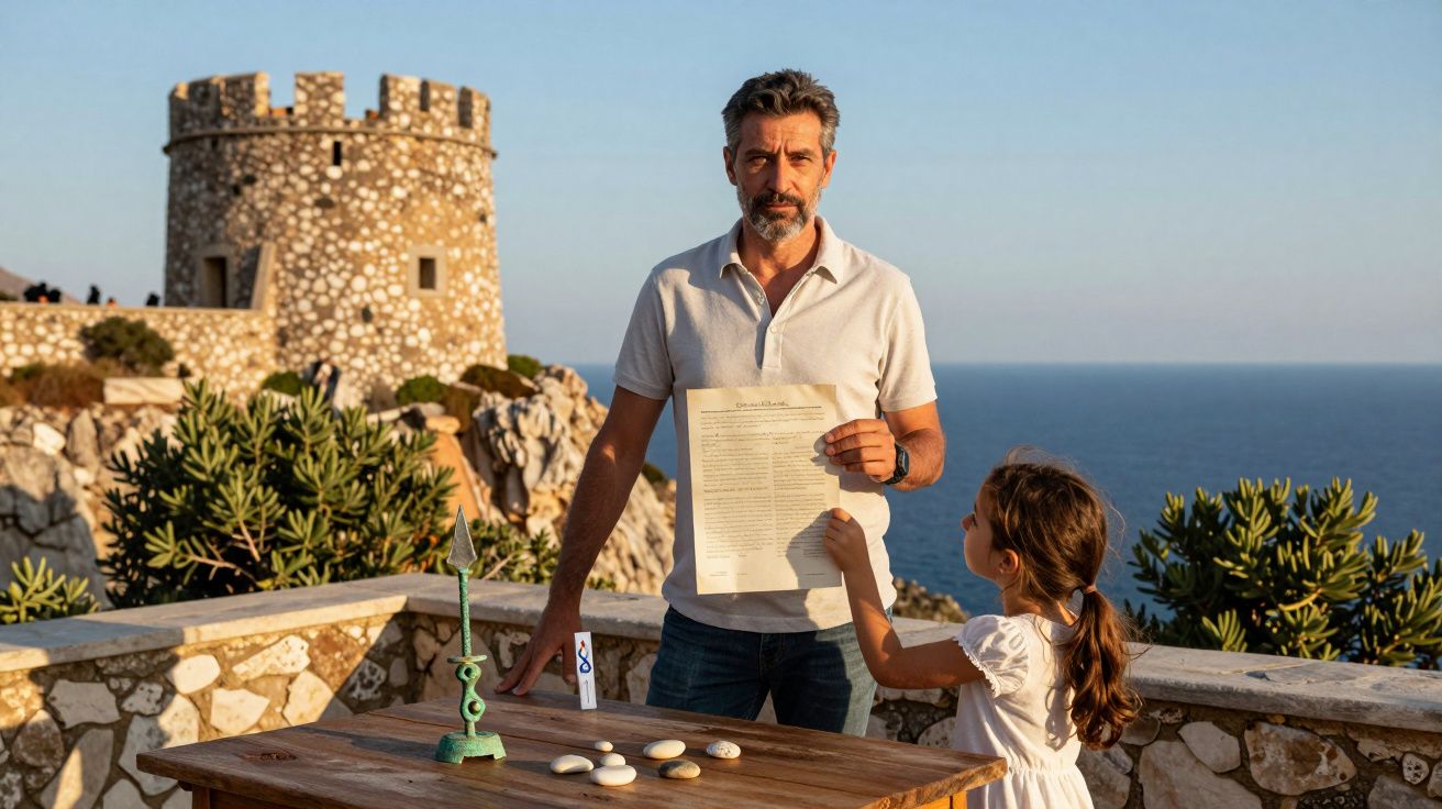 Homem com documento na mão e menina num terraço à beira-mar com torre de pedra ao fundo.