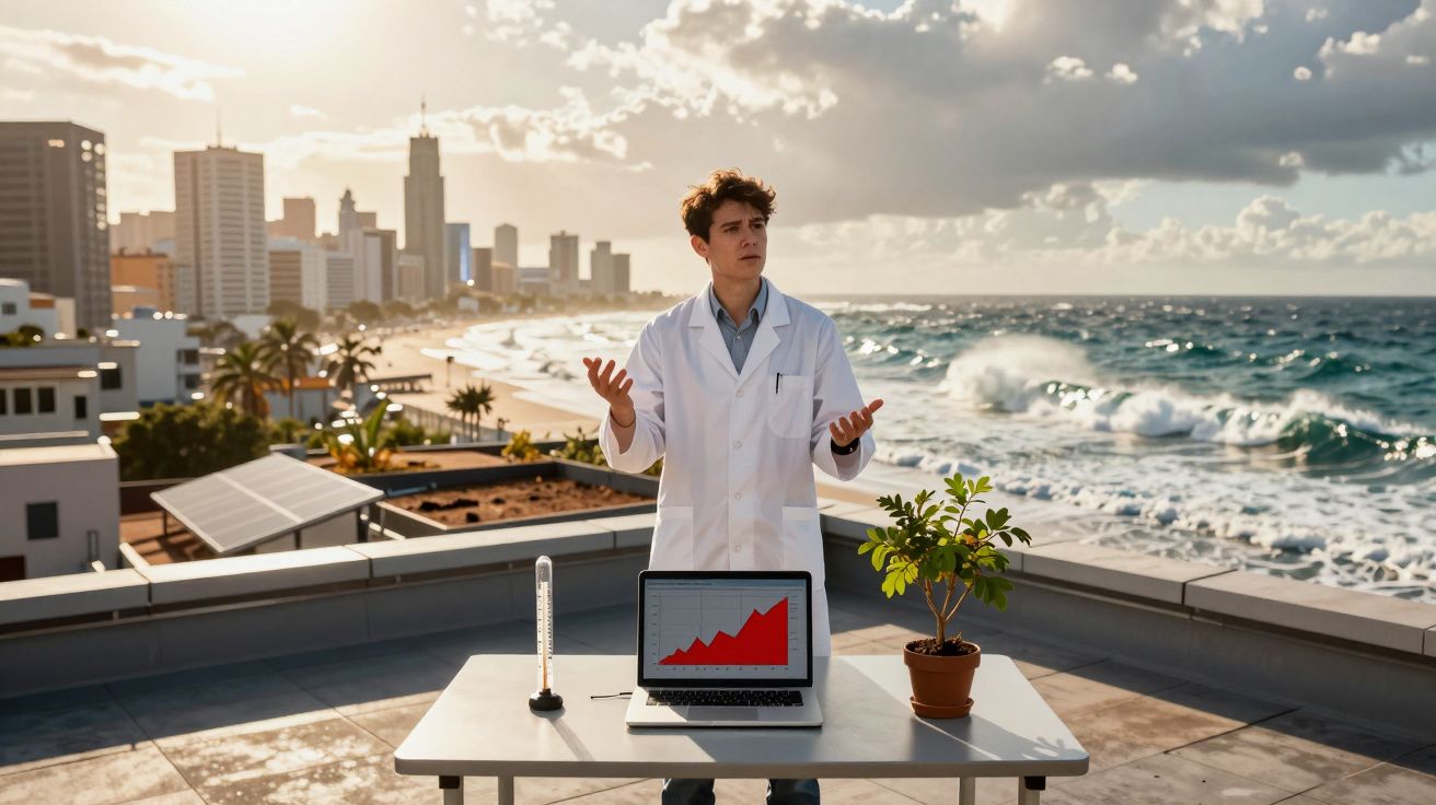 Jovem cientista com bata branca numa varanda com vista para o mar, com gráfico no computador e planta numa mesa.