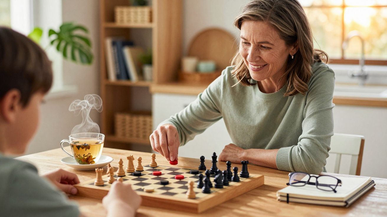Mulher e criança a jogar xadrez numa mesa com chá quente, num ambiente doméstico acolhedor.