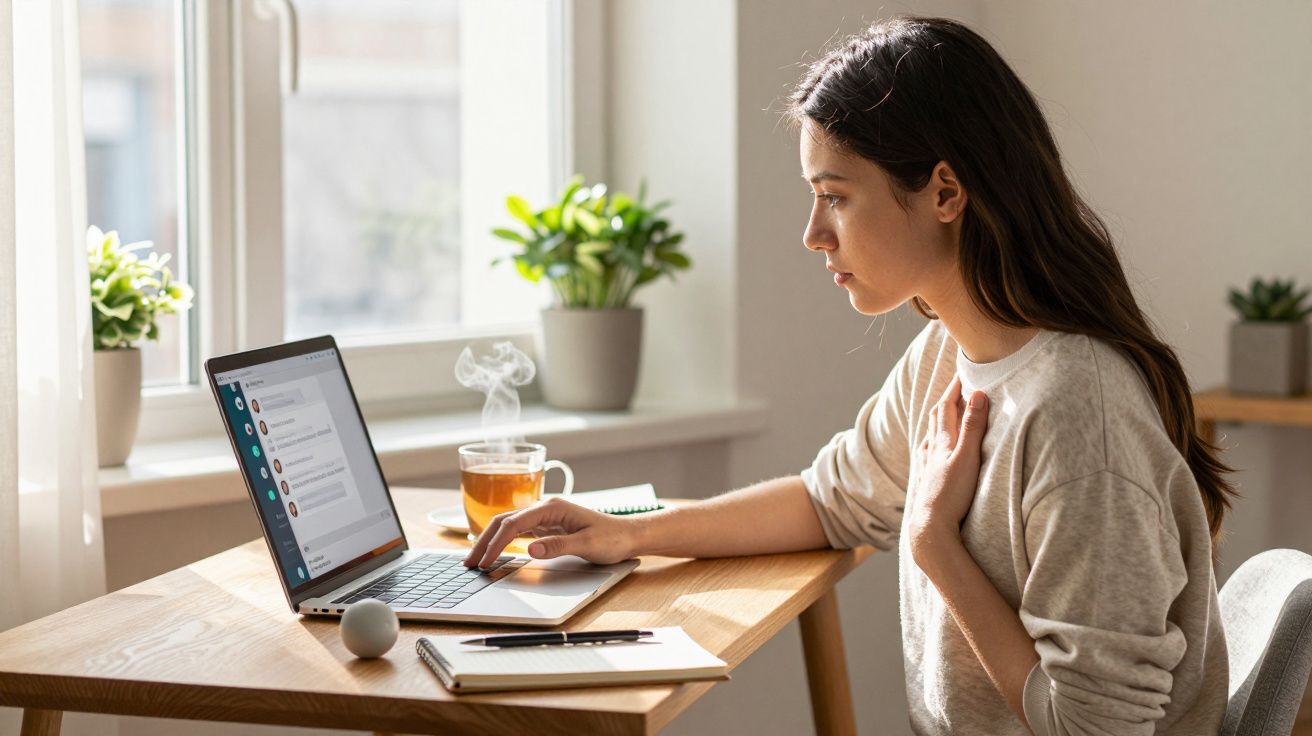 Mulher jovem a trabalhar no computador portátil numa mesa de madeira com chá e plantas junto à janela.