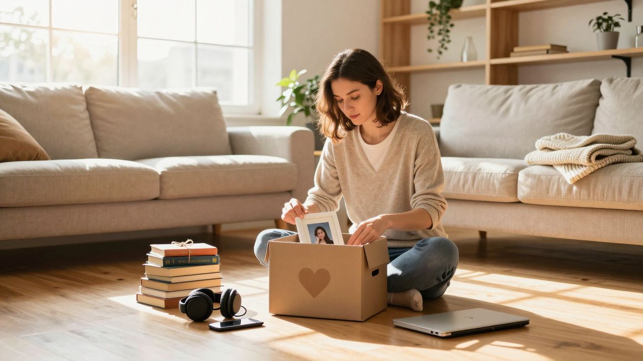 Mulher sentada no chão a colocar uma fotografia numa caixa de papelão numa sala iluminada e arrumada.
