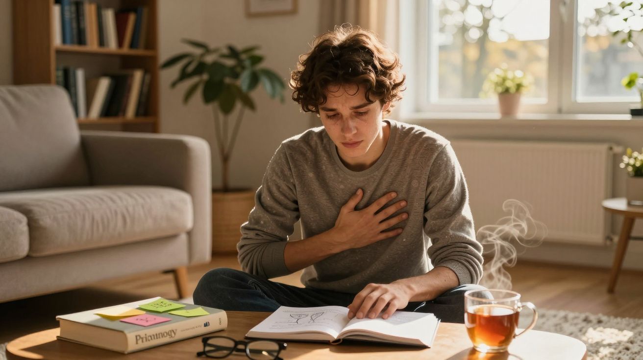 Jovem sentado no chão de casa, segurando o peito com uma mão enquanto lê um livro aberto na mesa à sua frente.