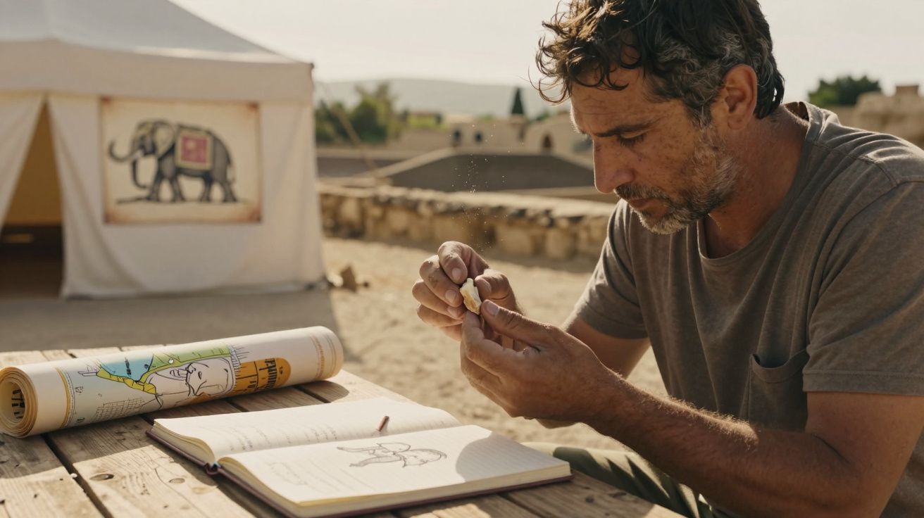 Homem a examinar objeto pequeno sentado a mesa de madeira com caderno e mapa enrolado ao ar livre.