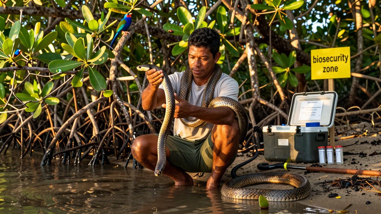 Homem agachado em zona alagada segura cobra grande com equipamento de biosegurança ao lado.