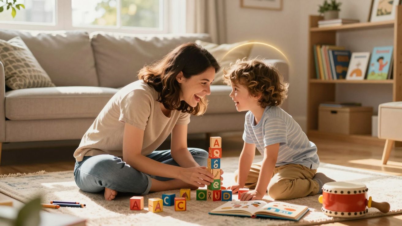 Mãe e filho sentados no chão da sala a brincar com blocos de letras e livro ilustrado, sorrindo um para o outro.