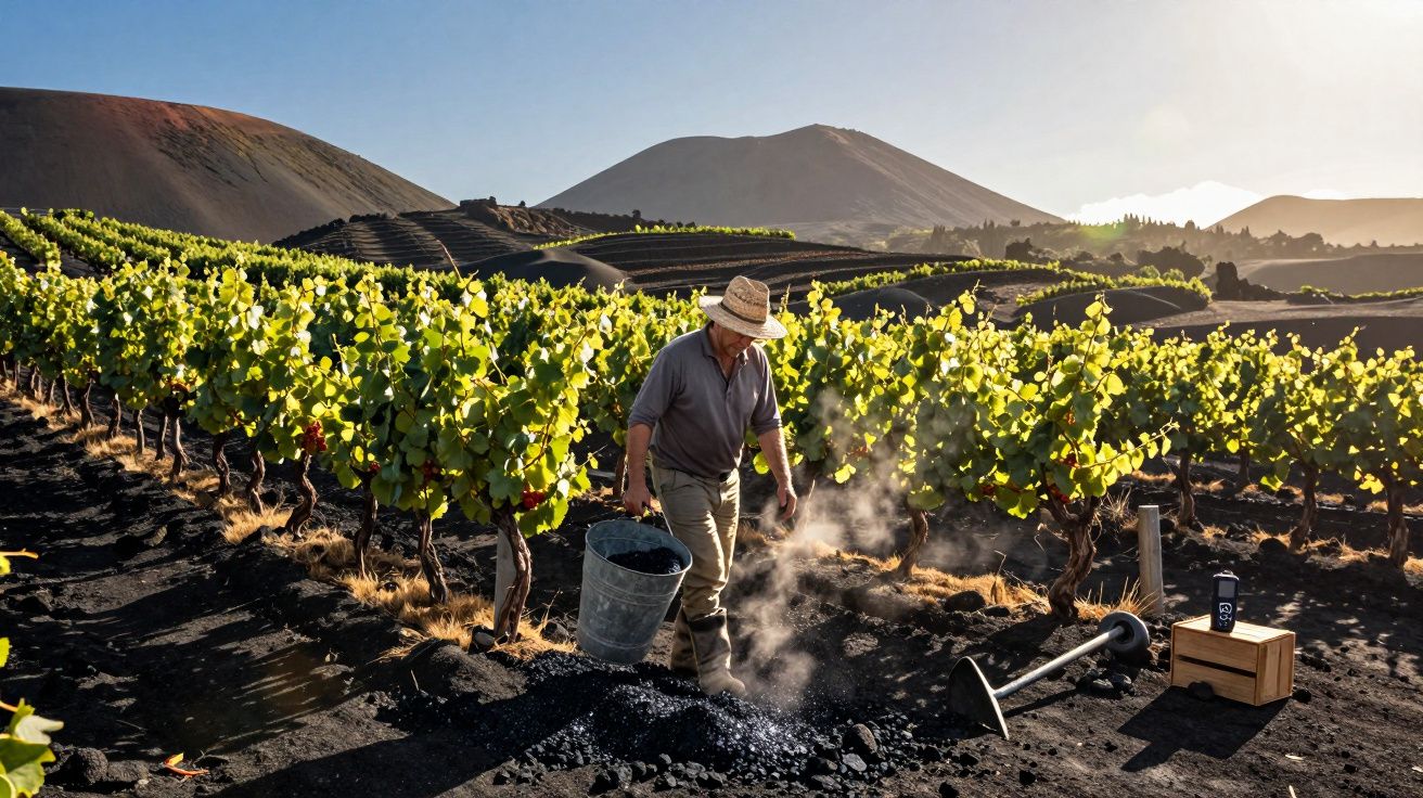 Agricultor com chapéu a trabalhar numa vinha em solo negro vulcânico sob luz solar de montanha.