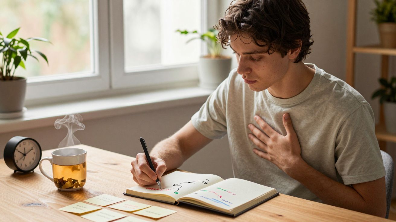 Jovem sentado numa mesa a escrever num caderno, com chá quente e notas adesivas espalhadas à sua frente.