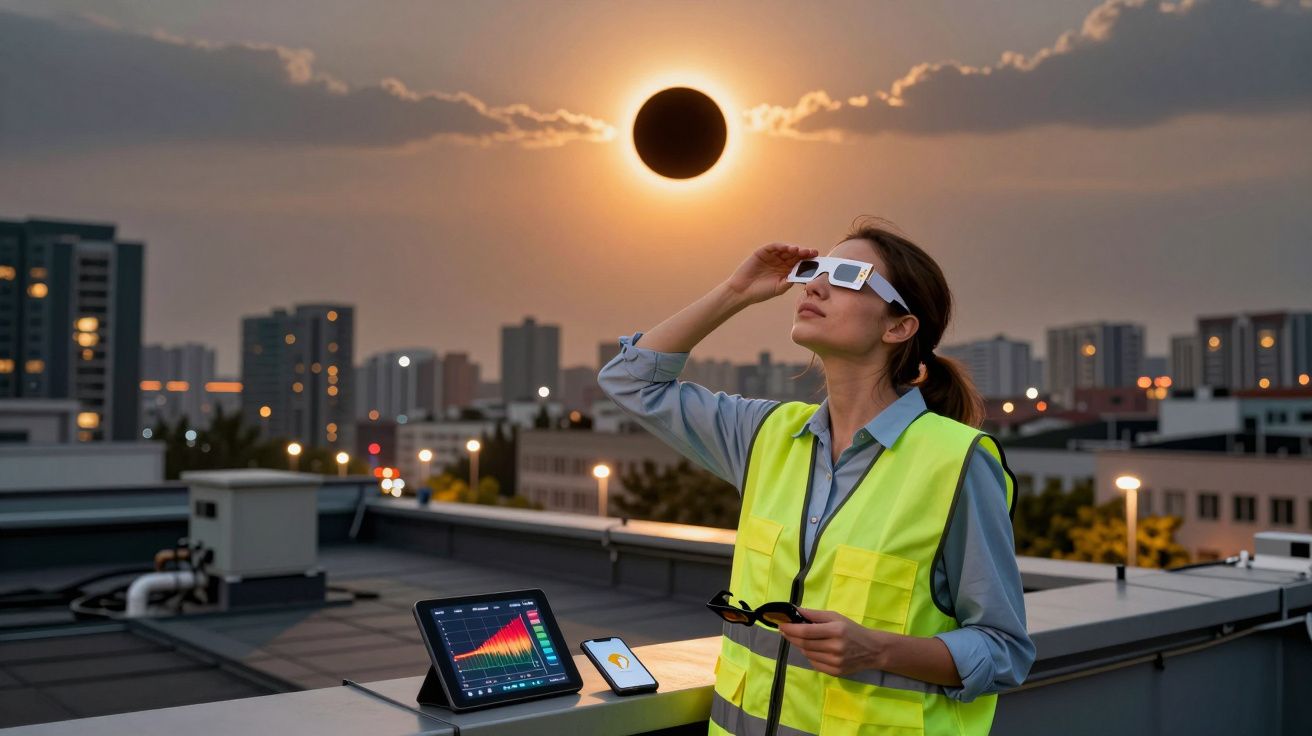 Mulher com colete refletor observa eclipse solar com óculos adequados num terraço urbano ao pôr do sol.