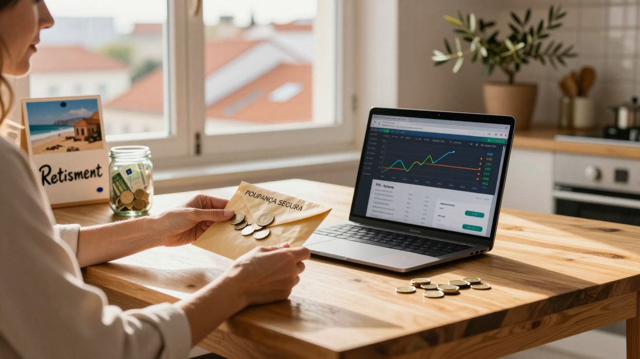 Pessoa a segurar envelope com moedas e texto "Poupança Segura" junto a portátil com gráficos financeiros numa cozinha.