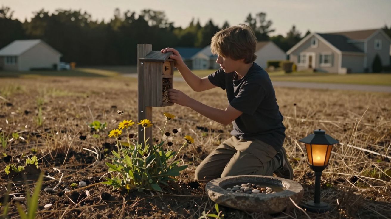 Menino ajoelhado junto a um hotspot para insetos num campo com flores amarelas e casas ao fundo.
