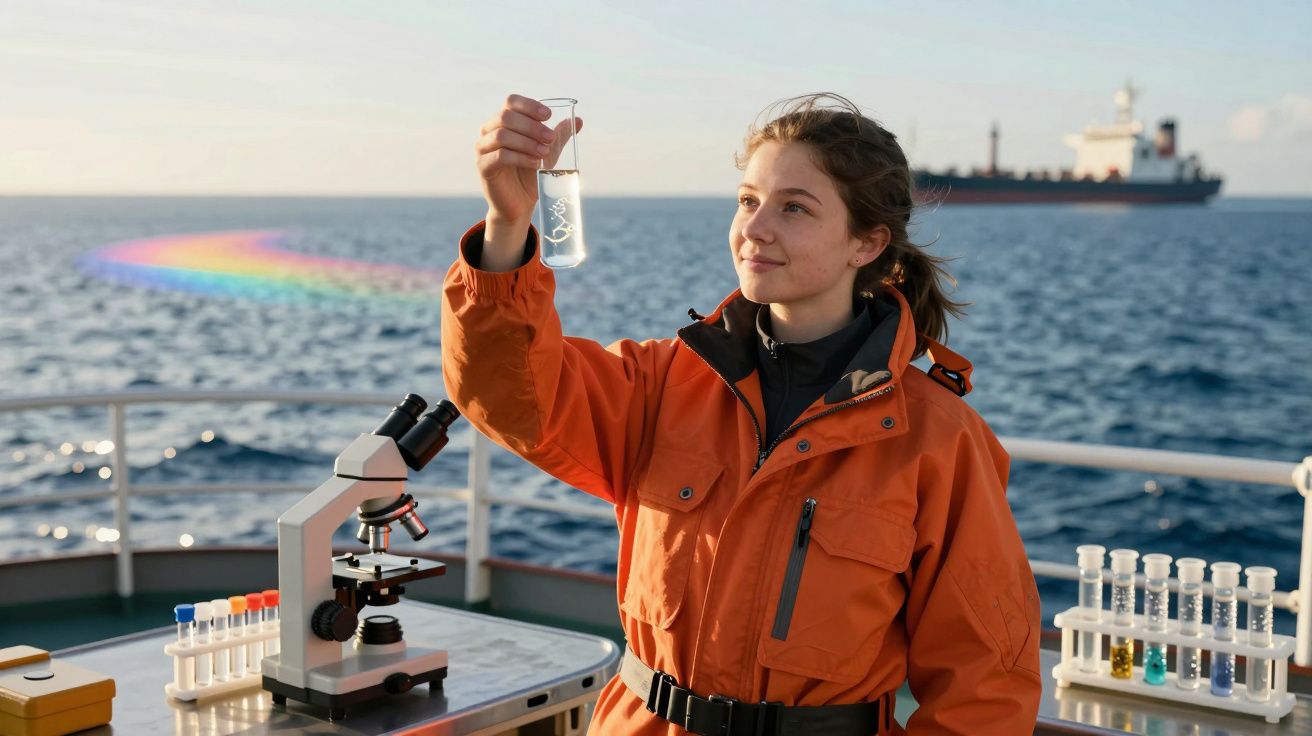 Mulher em fato laranja segura amostra de água no convés de barco com microscópio e equipamento científico.