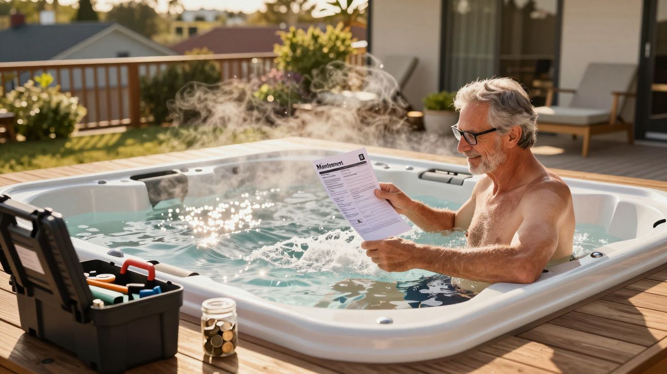 Homem de cabelos grisalhos lê instruções dentro de banheira de hidromassagem ao ar livre.