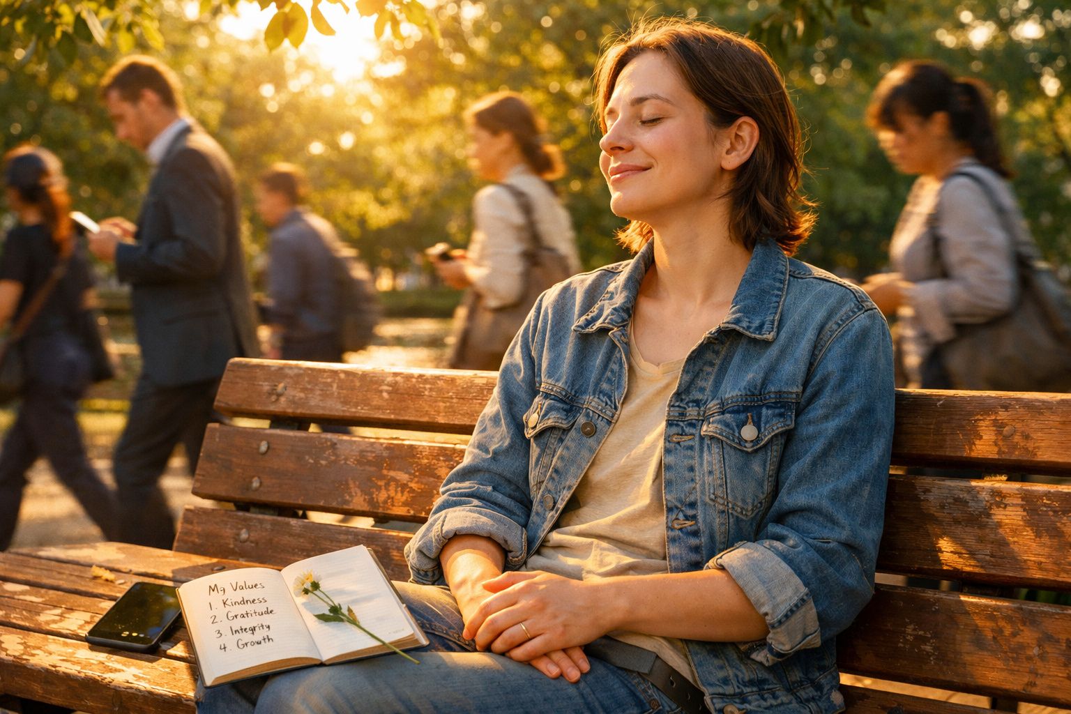 Mulher sentada num banco de parque, olhos fechados, apreciando o sol, com caderno e telemóvel ao lado.