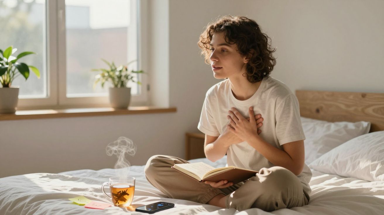 Jovem sentada na cama com livro e chá, segurando o peito, aparentando desconforto ou dor.
