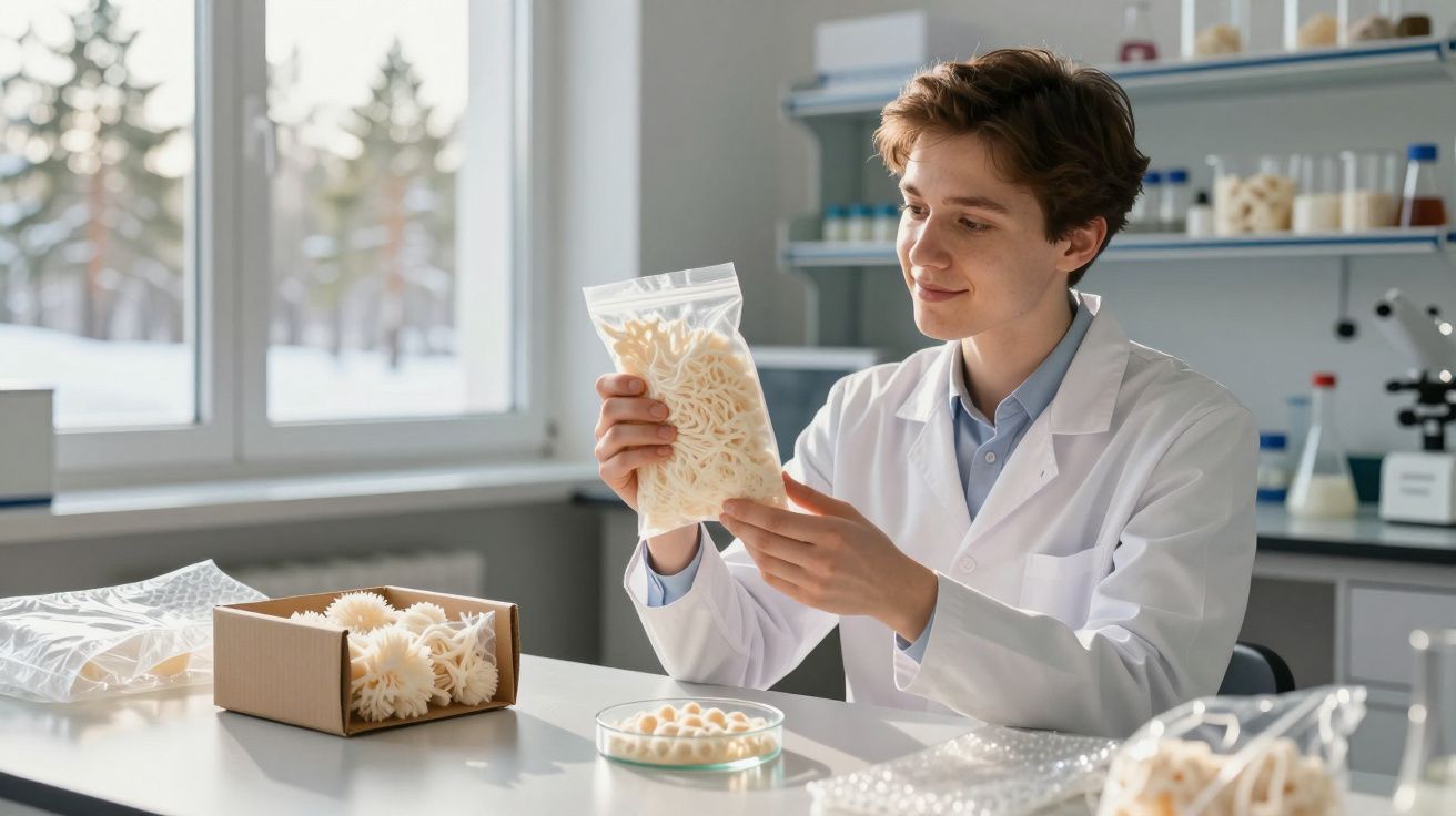 Pessoa em laboratório a analisar embalagem com amostras de material branco em formato semelhante a flores.