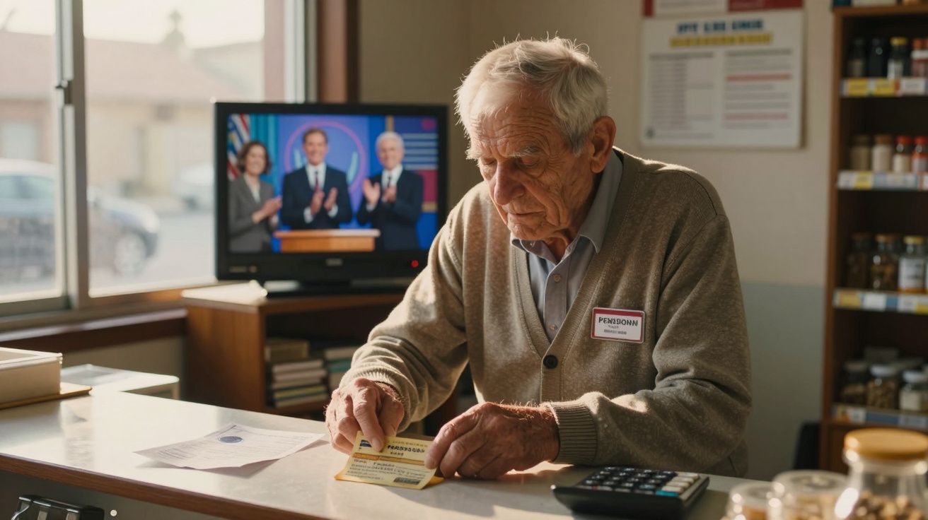 Idoso com colete bege e crachá segurando cartão num balcão de loja com televisão ao fundo.