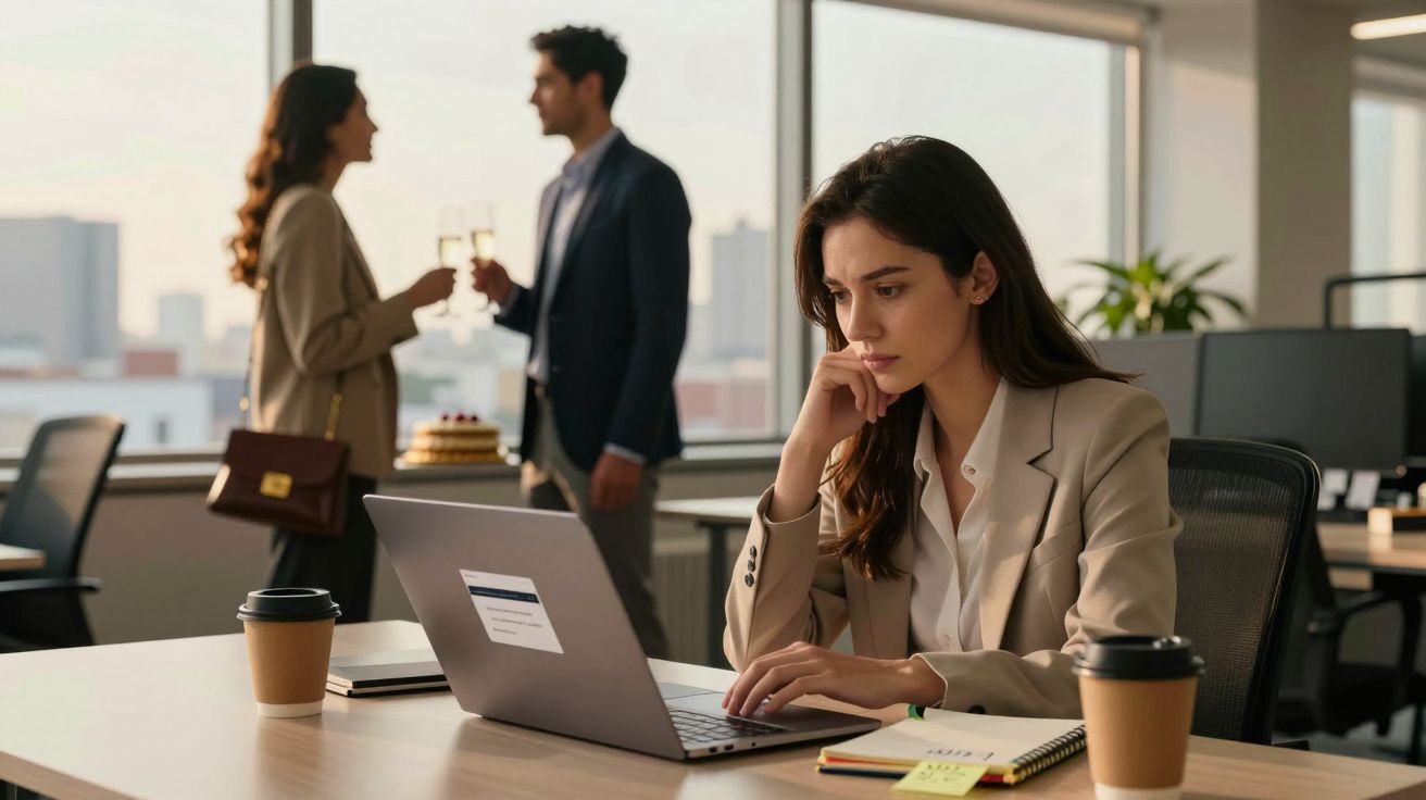 Mulher séria a trabalhar no computador num escritório, enquanto casal ao fundo brinda com champanhe.