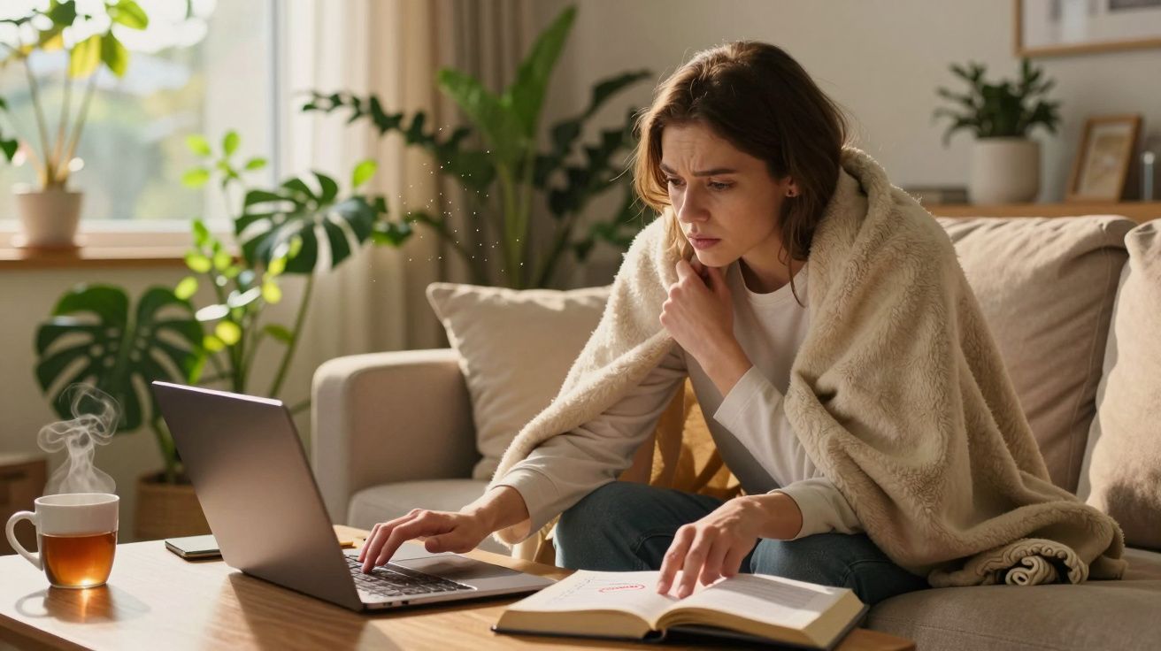 Mulher com expressão preocupada, coberta com manta, consulta laptop e livro num sofá, ao lado de chá quente.